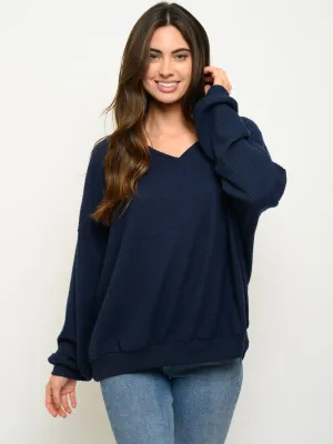 WOMEN'S LONG SLEEVE SOLID V-NECK WAFFLE TOP