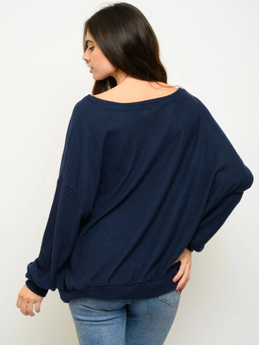 WOMEN'S LONG SLEEVE SOLID V-NECK WAFFLE TOP