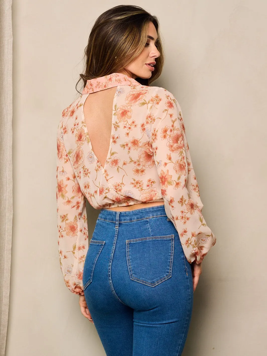 WOMEN'S LONG SLEEVE SURPLICE BACK OPEN FLORAL TOP