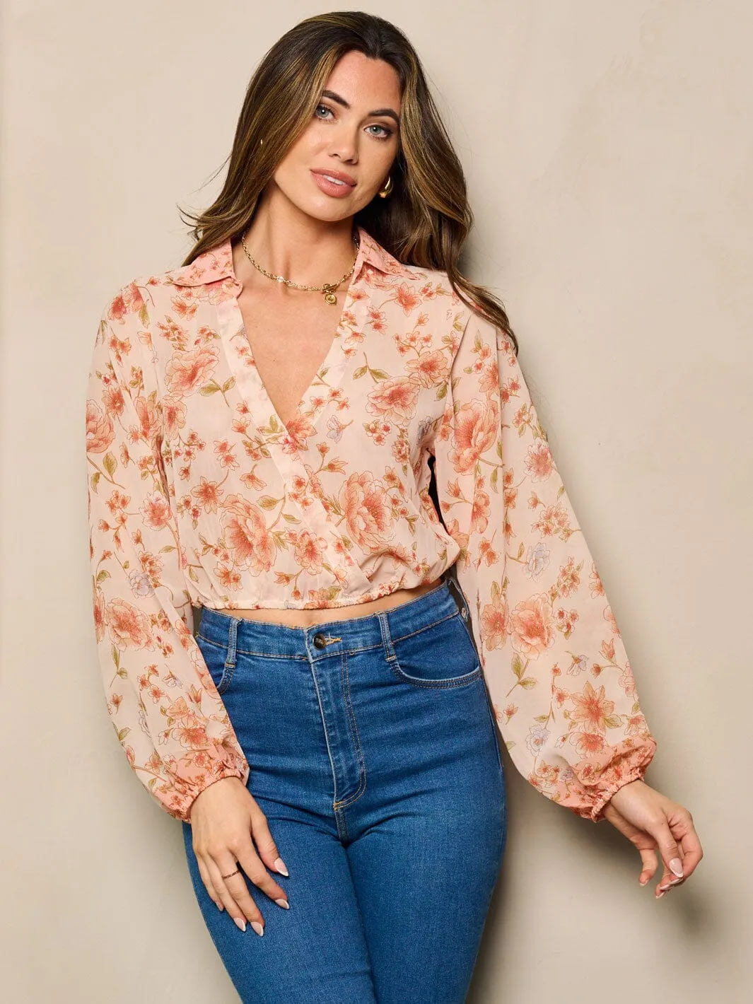WOMEN'S LONG SLEEVE SURPLICE BACK OPEN FLORAL TOP