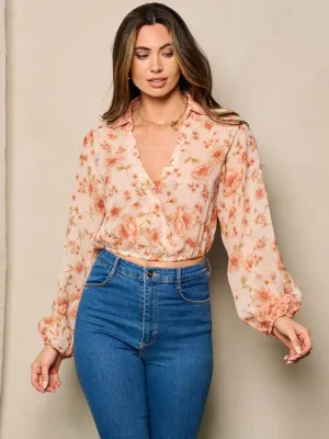 WOMEN'S LONG SLEEVE SURPLICE BACK OPEN FLORAL TOP