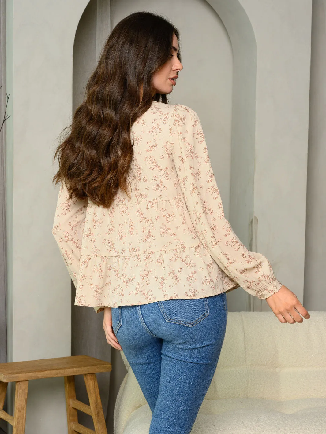WOMEN'S LONG SLEEVE TIERED BUTTON UP FLORAL TOP
