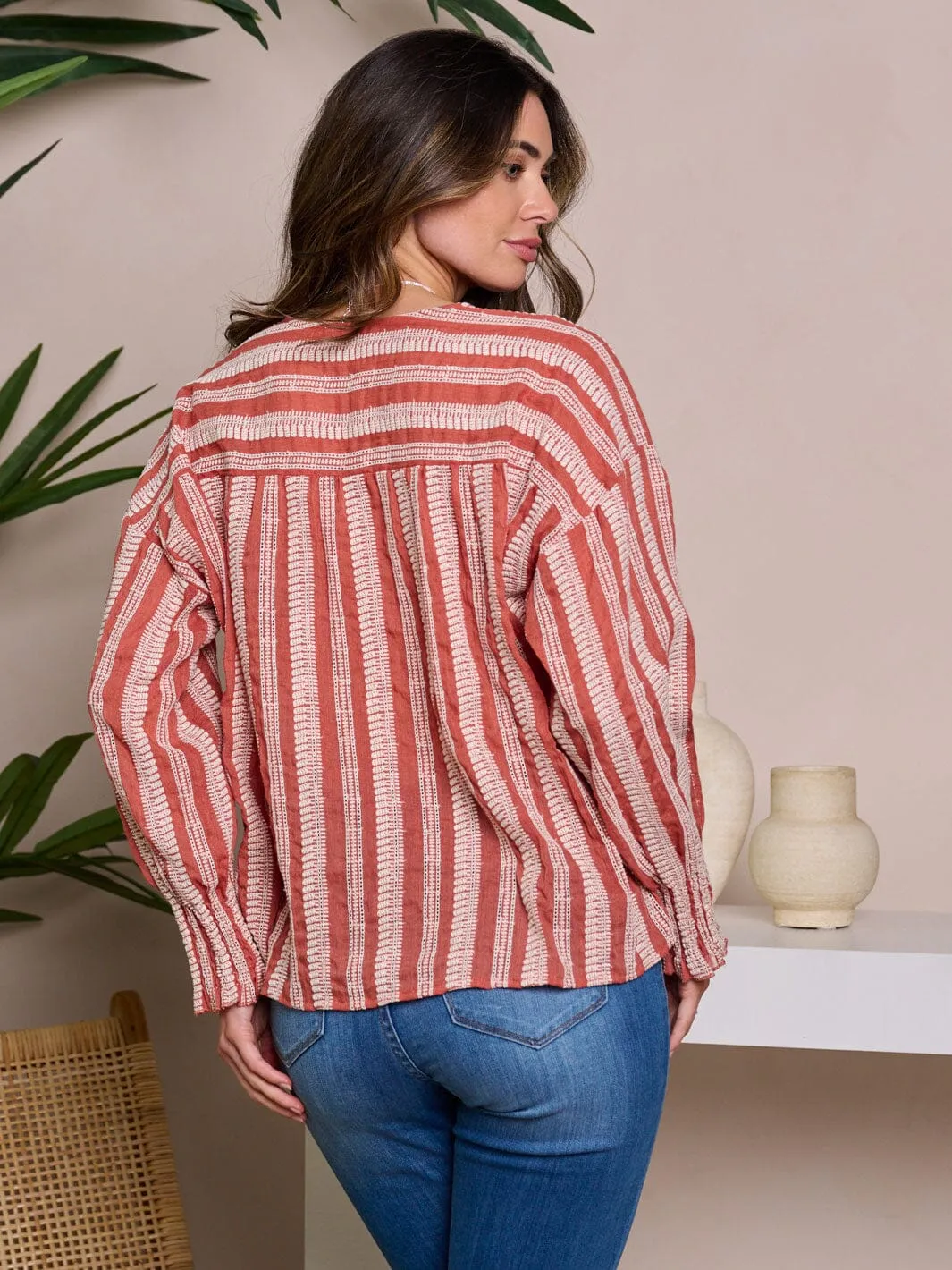 WOMEN'S LONG SLEEVE V-NECK BUTTON UP BLOUSE TOP