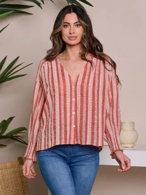 WOMEN'S LONG SLEEVE V-NECK BUTTON UP BLOUSE TOP