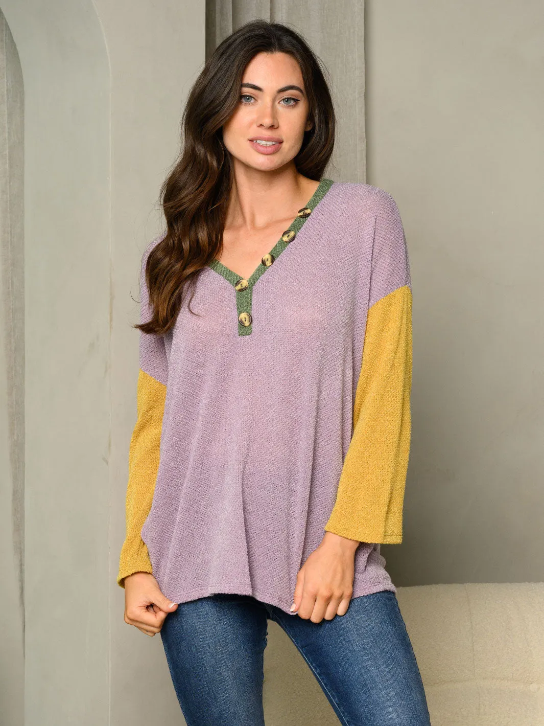 WOMEN'S LONG SLEEVE V-NECK COLORBLOCK TUNIC TOP