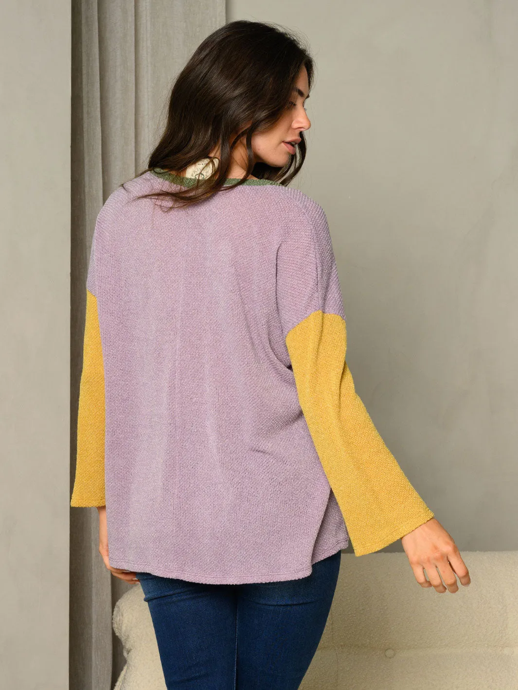 WOMEN'S LONG SLEEVE V-NECK COLORBLOCK TUNIC TOP
