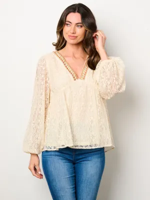WOMEN'S LONG SLEEVE V-NECK EMBROIDERY NECK DETAILED LACE BLOUSE TOP