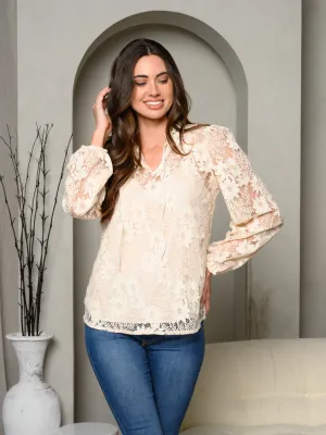WOMEN'S LONG SLEEVE V-NECK FLORAL LACE BLOUSE TOP