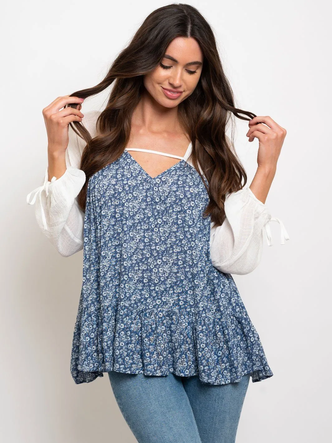 WOMEN'S LONG SLEEVE V-NECK FLORAL TOP