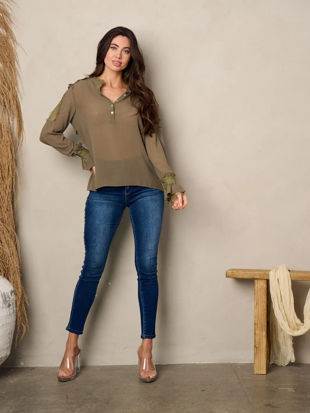 WOMEN'S LONG SLEEVE V-NECK LACE BLOUSE TOP