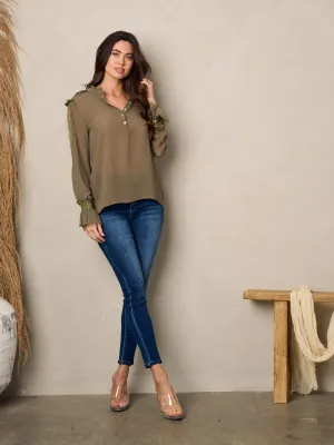 WOMEN'S LONG SLEEVE V-NECK LACE BLOUSE TOP