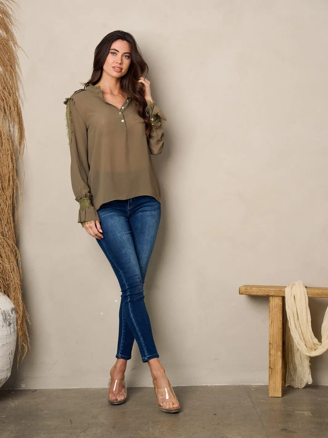 WOMEN'S LONG SLEEVE V-NECK LACE BLOUSE TOP