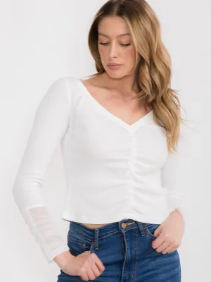 WOMEN'S LONG SLEEVE V-NECK MESH RUCHED TOP