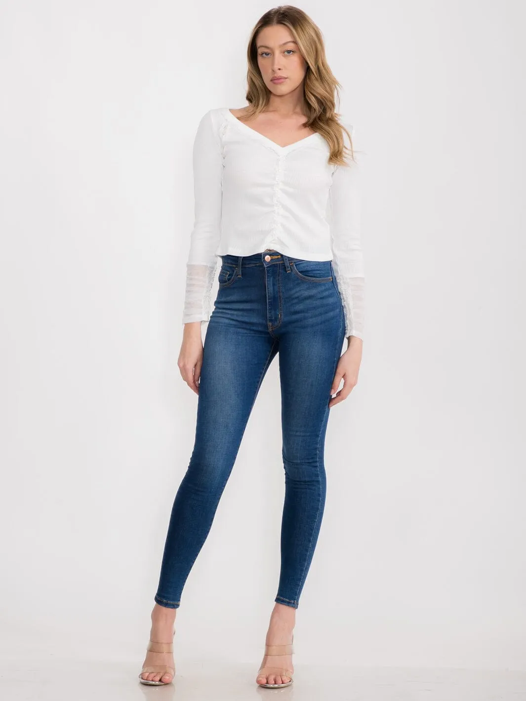 WOMEN'S LONG SLEEVE V-NECK MESH RUCHED TOP