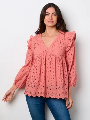 WOMEN'S LONG SLEEVE V-NECK RUFFLE EYELET BLOUSE TOP