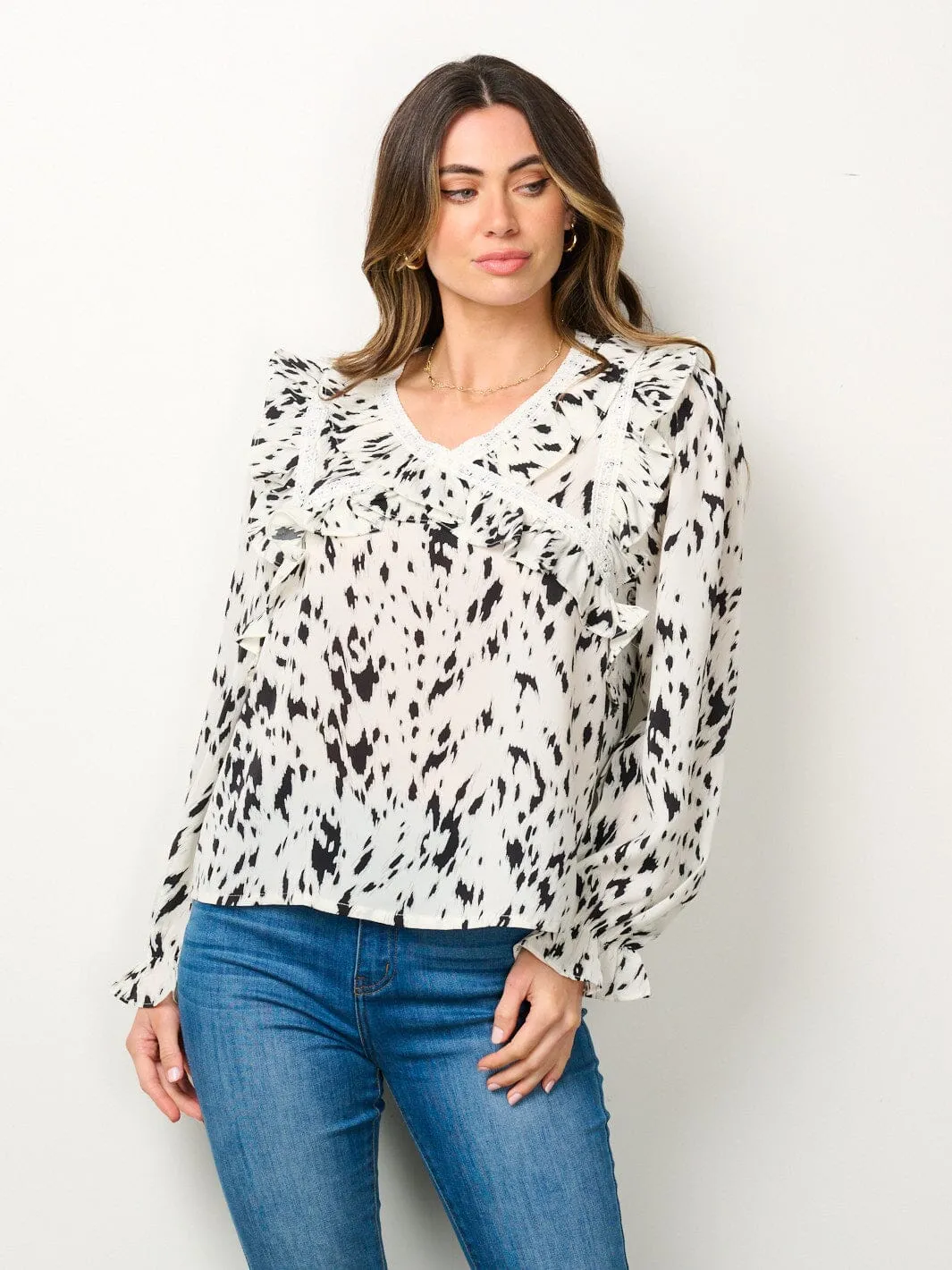 WOMEN'S LONG SLEEVE V-NECK RUFFLE PRINTED BLOUSE TOP