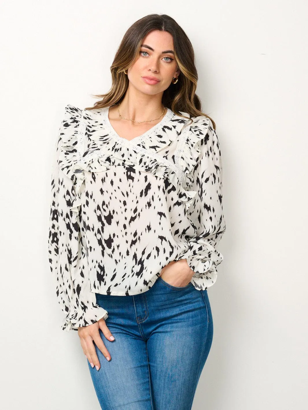 WOMEN'S LONG SLEEVE V-NECK RUFFLE PRINTED BLOUSE TOP