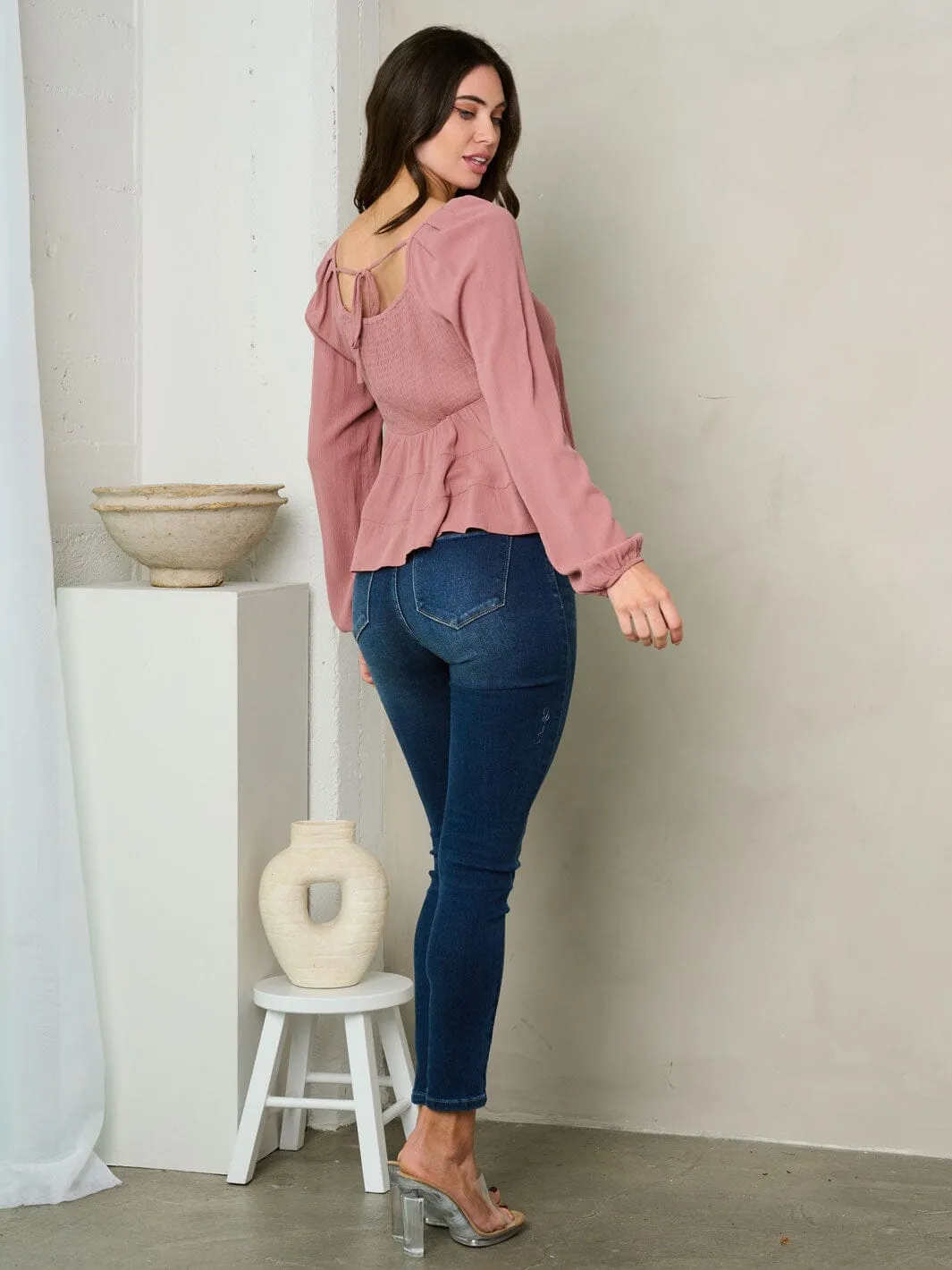 WOMEN'S LONG SLEEVE V-NECK SMOCK TOP