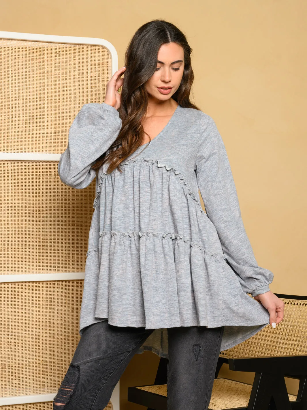WOMEN'S LONG SLEEVE V-NECK TIERED BABYDOLL TOP