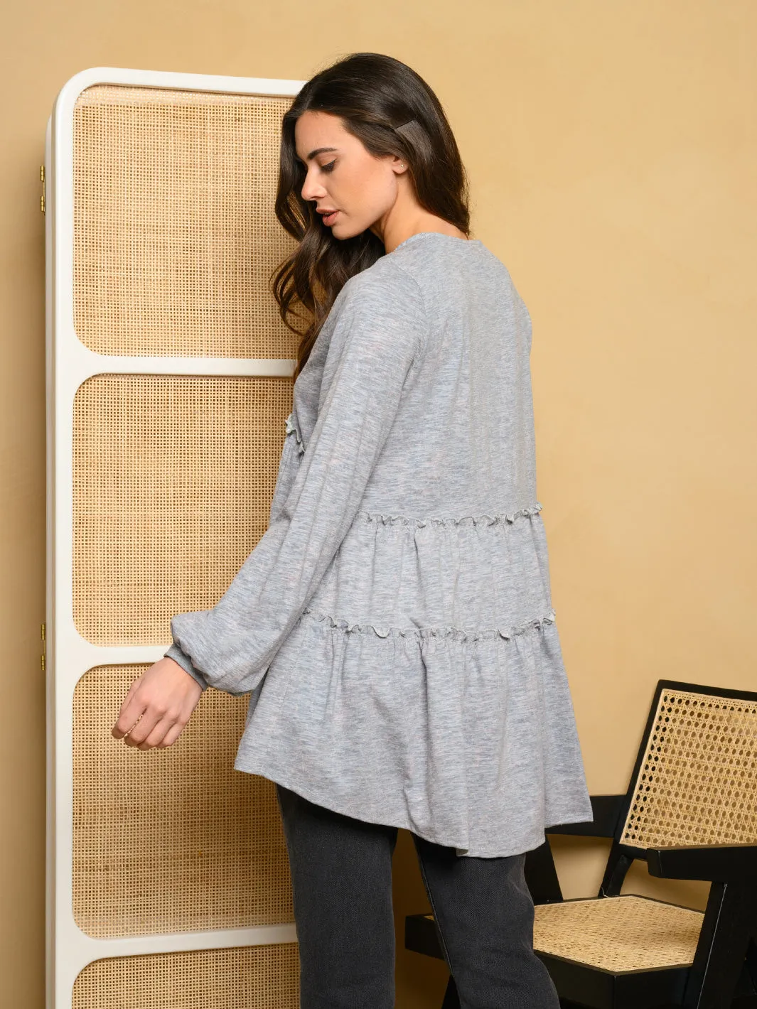 WOMEN'S LONG SLEEVE V-NECK TIERED BABYDOLL TOP