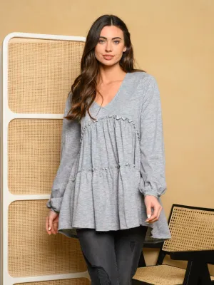 WOMEN'S LONG SLEEVE V-NECK TIERED BABYDOLL TOP
