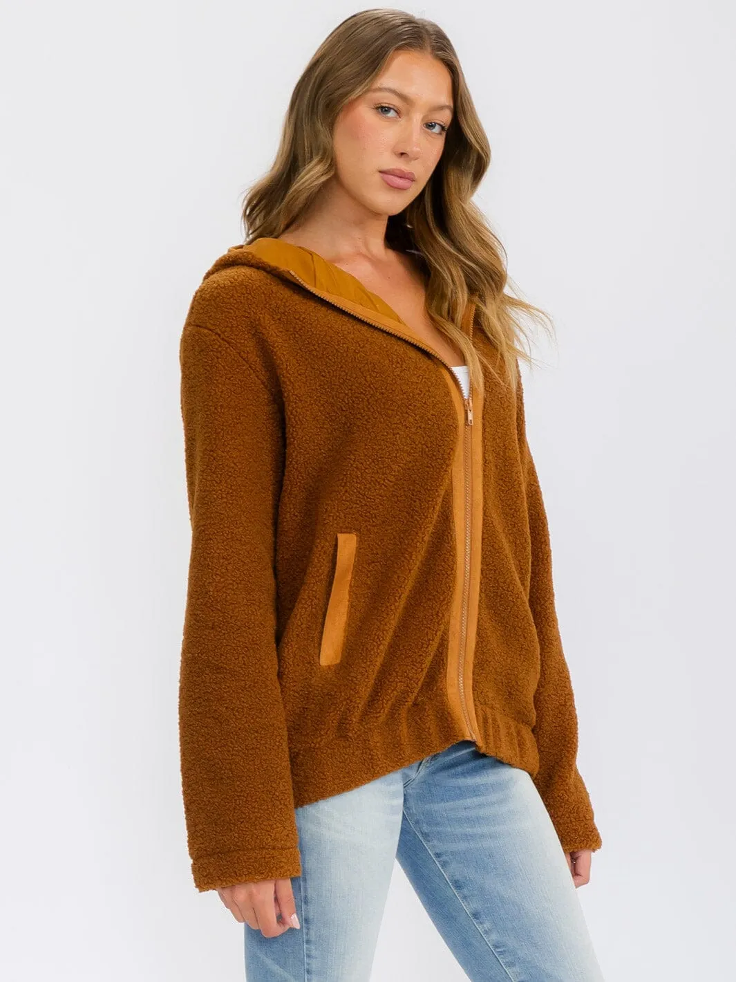 WOMEN'S LONG SLEEVE ZIP UP HOODED FRONT POCKETS JACKET