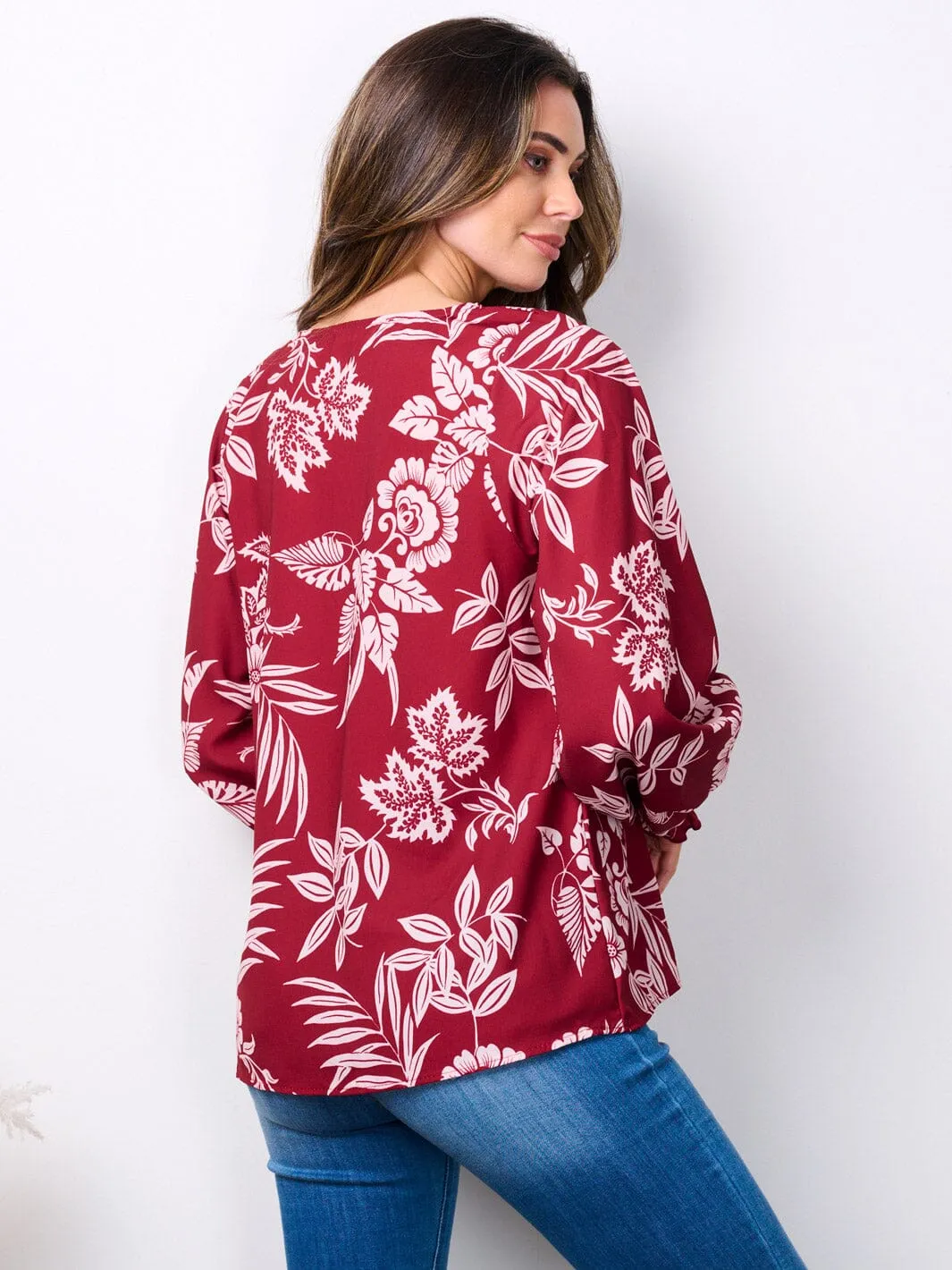 WOMEN'S LONG SMOCK SLEEVES V-NECK FLORAL TUNIC BLOUSE TOP