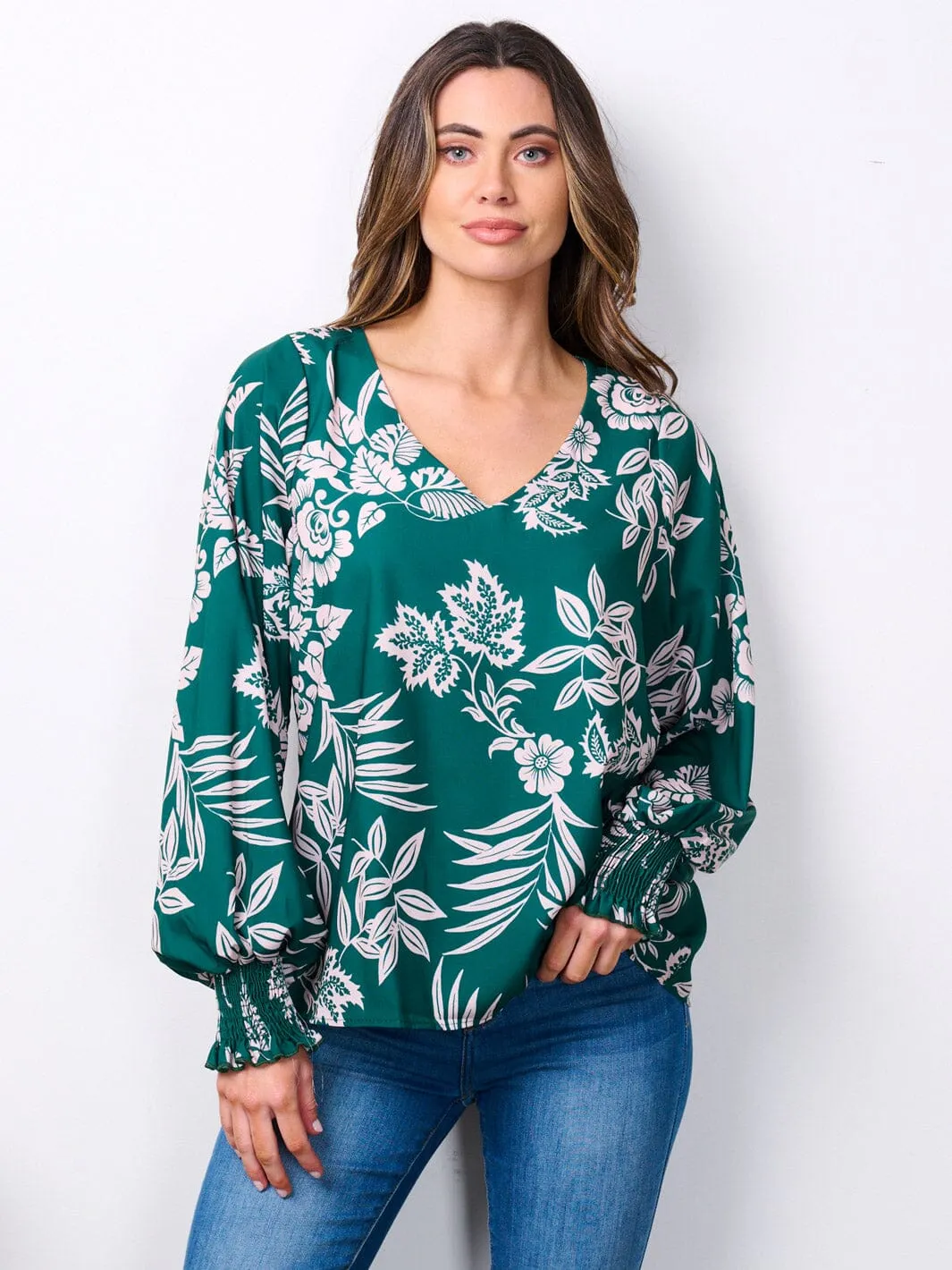 WOMEN'S LONG SMOCK SLEEVES V-NECK FLORAL TUNIC BLOUSE TOP