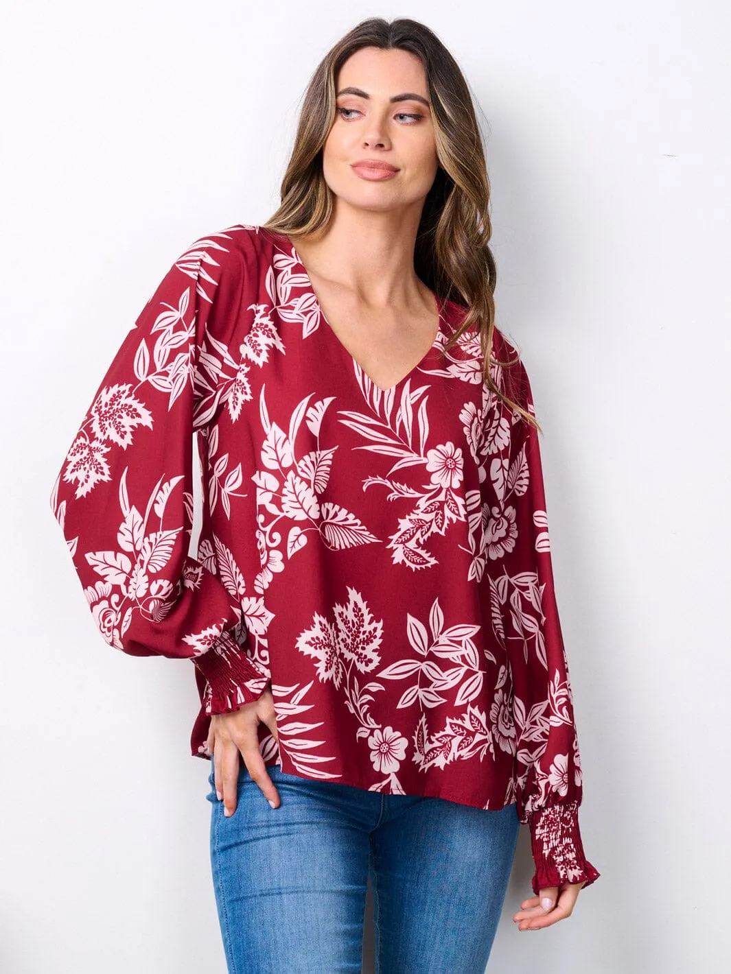 WOMEN'S LONG SMOCK SLEEVES V-NECK FLORAL TUNIC BLOUSE TOP