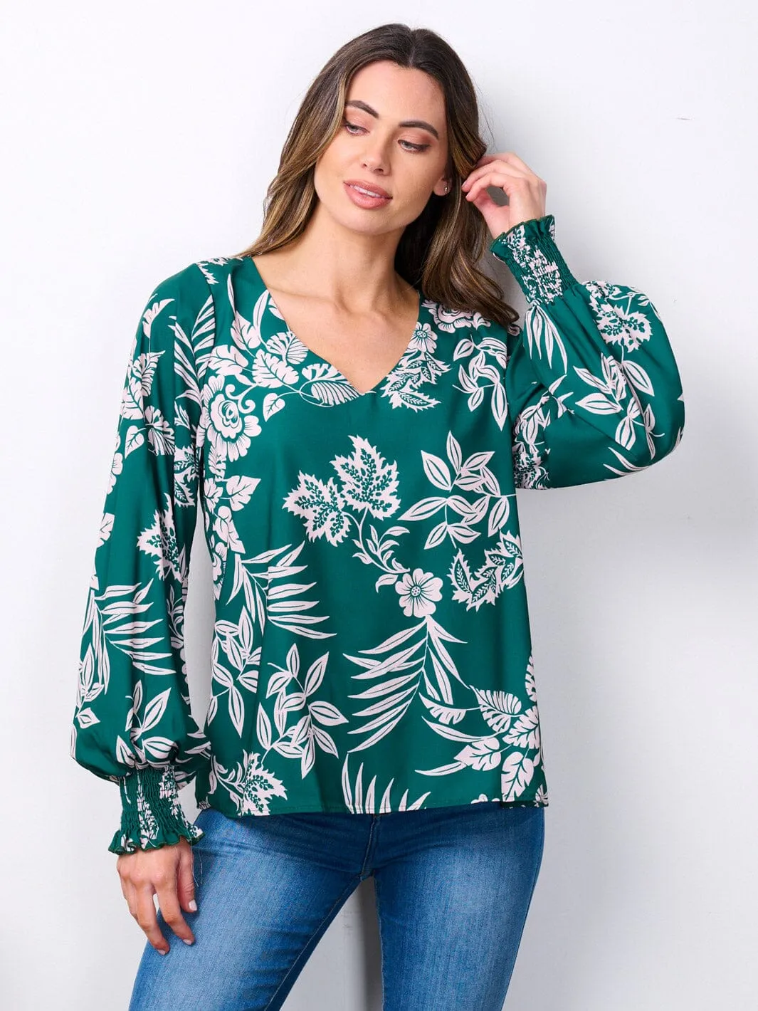 WOMEN'S LONG SMOCK SLEEVES V-NECK FLORAL TUNIC BLOUSE TOP