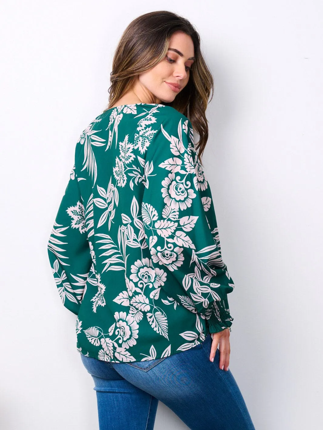 WOMEN'S LONG SMOCK SLEEVES V-NECK FLORAL TUNIC BLOUSE TOP