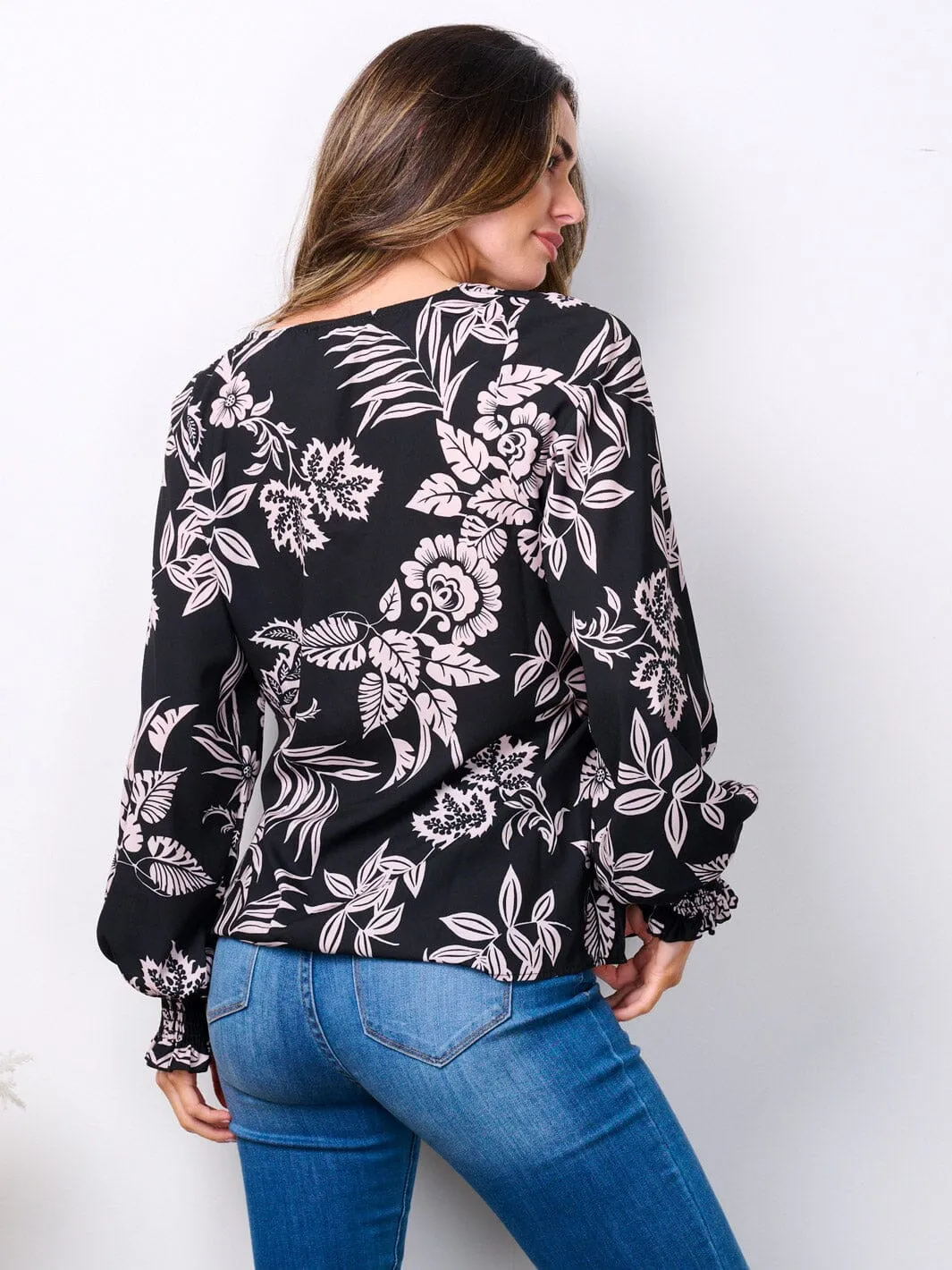 WOMEN'S LONG SMOCK SLEEVES V-NECK FLORAL TUNIC BLOUSE TOP