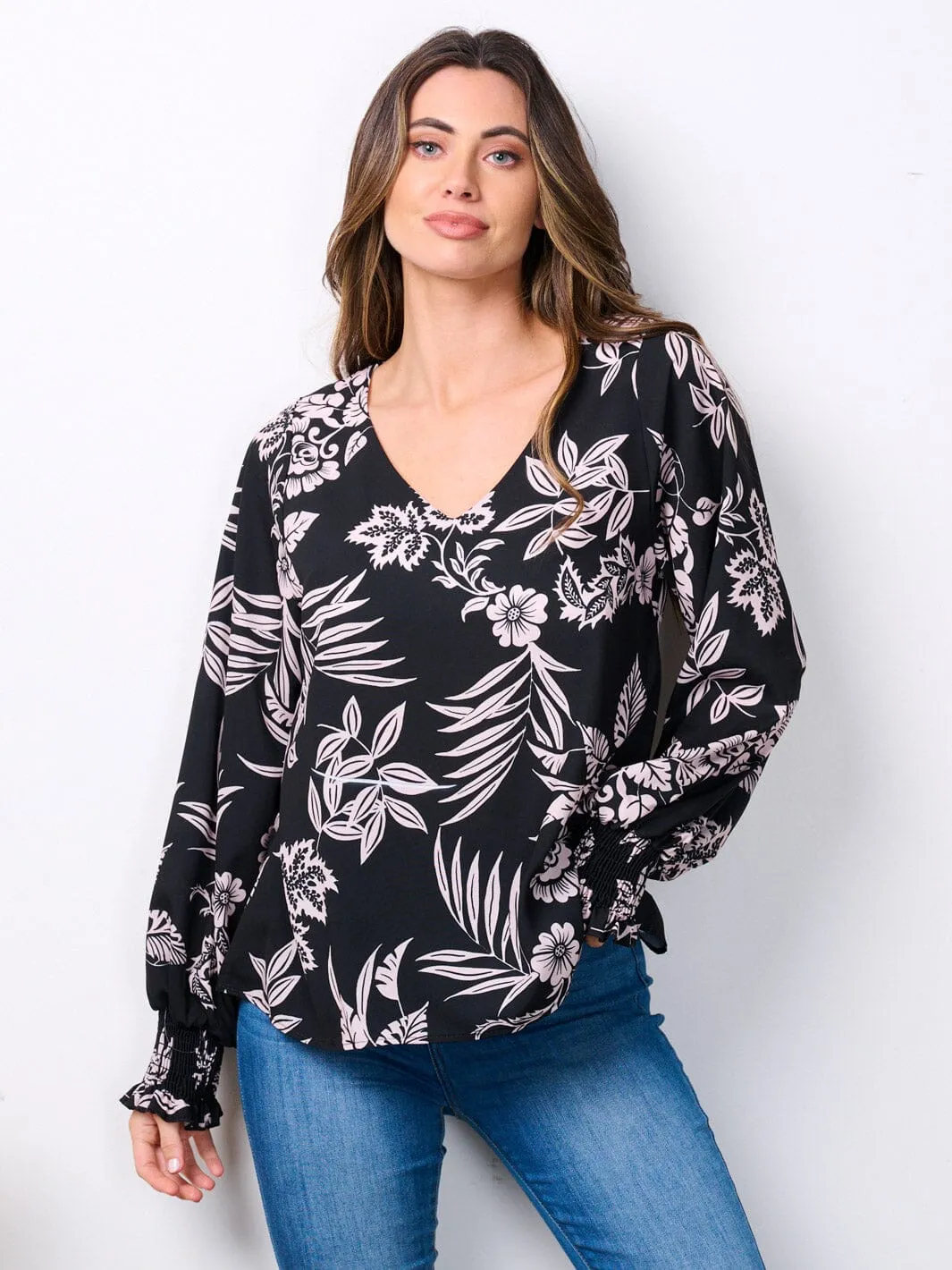 WOMEN'S LONG SMOCK SLEEVES V-NECK FLORAL TUNIC BLOUSE TOP