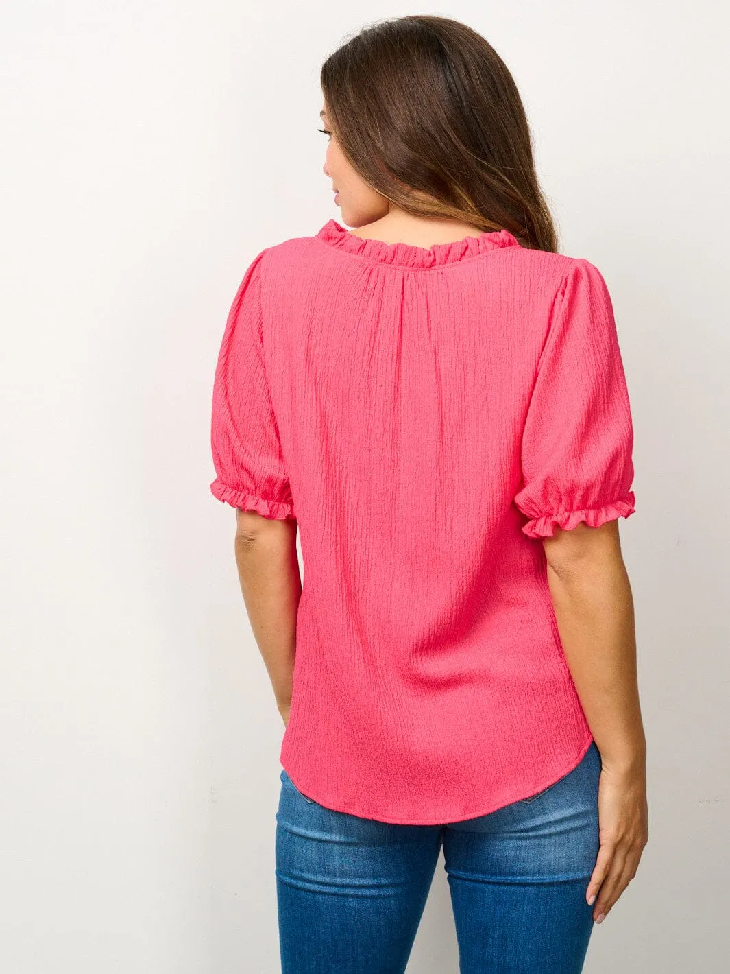 WOMEN'S SHORT PUFF SLEEVE V-NECK BLOUSE TOP