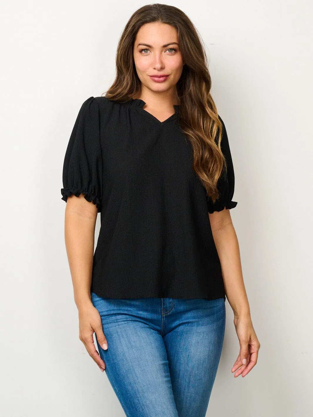 WOMEN'S SHORT PUFF SLEEVE V-NECK BLOUSE TOP