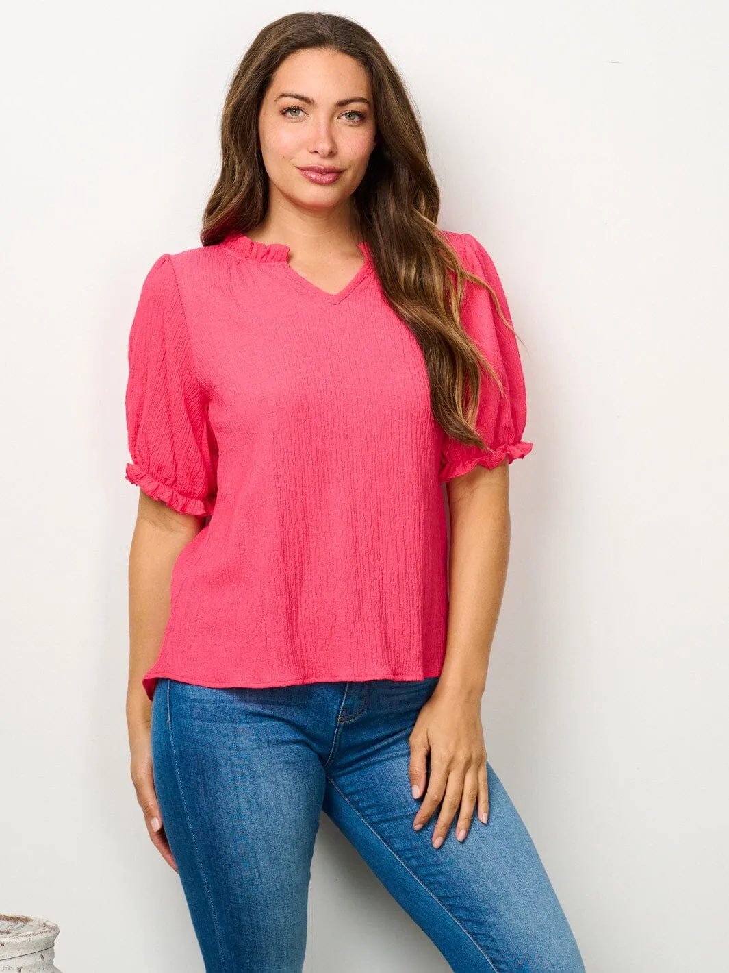 WOMEN'S SHORT PUFF SLEEVE V-NECK BLOUSE TOP
