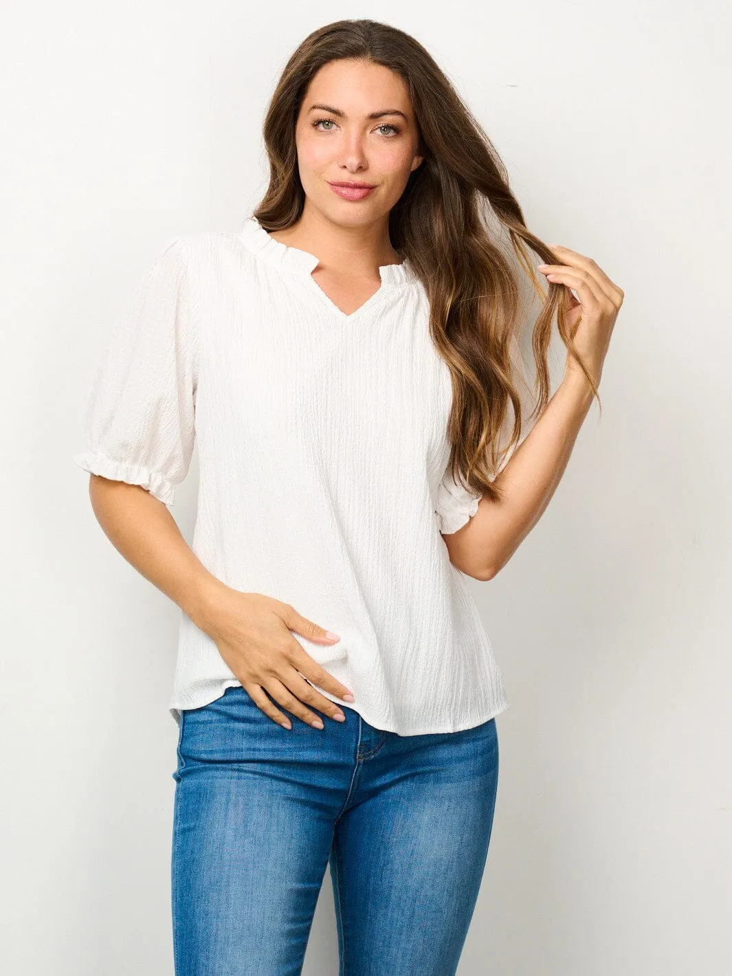 WOMEN'S SHORT PUFF SLEEVE V-NECK BLOUSE TOP