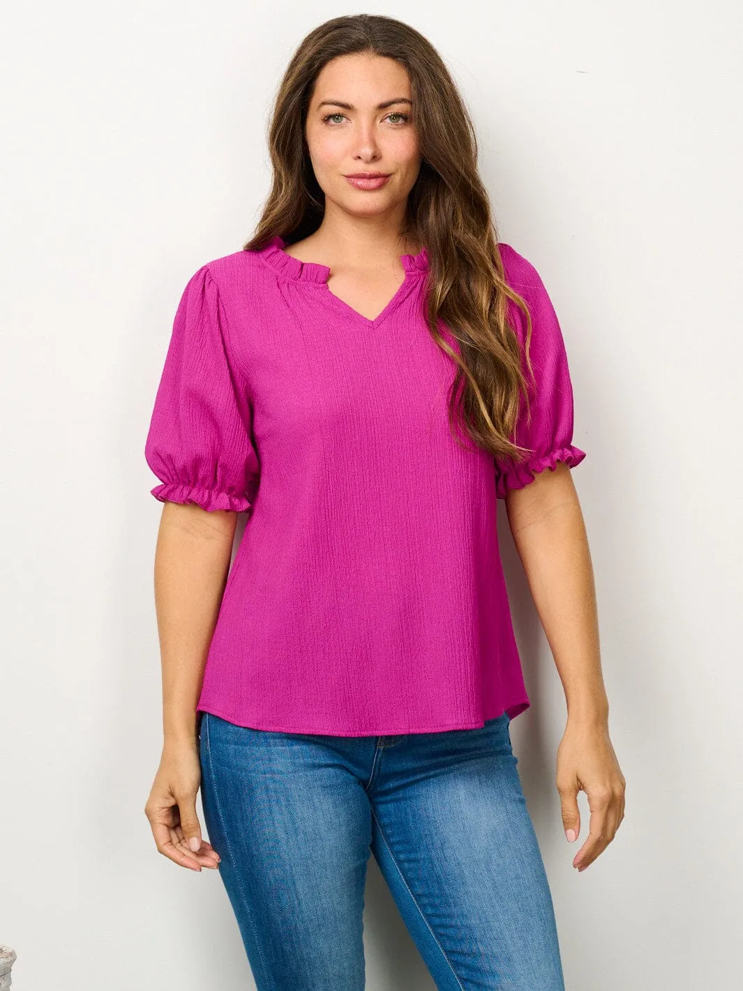 WOMEN'S SHORT PUFF SLEEVE V-NECK BLOUSE TOP
