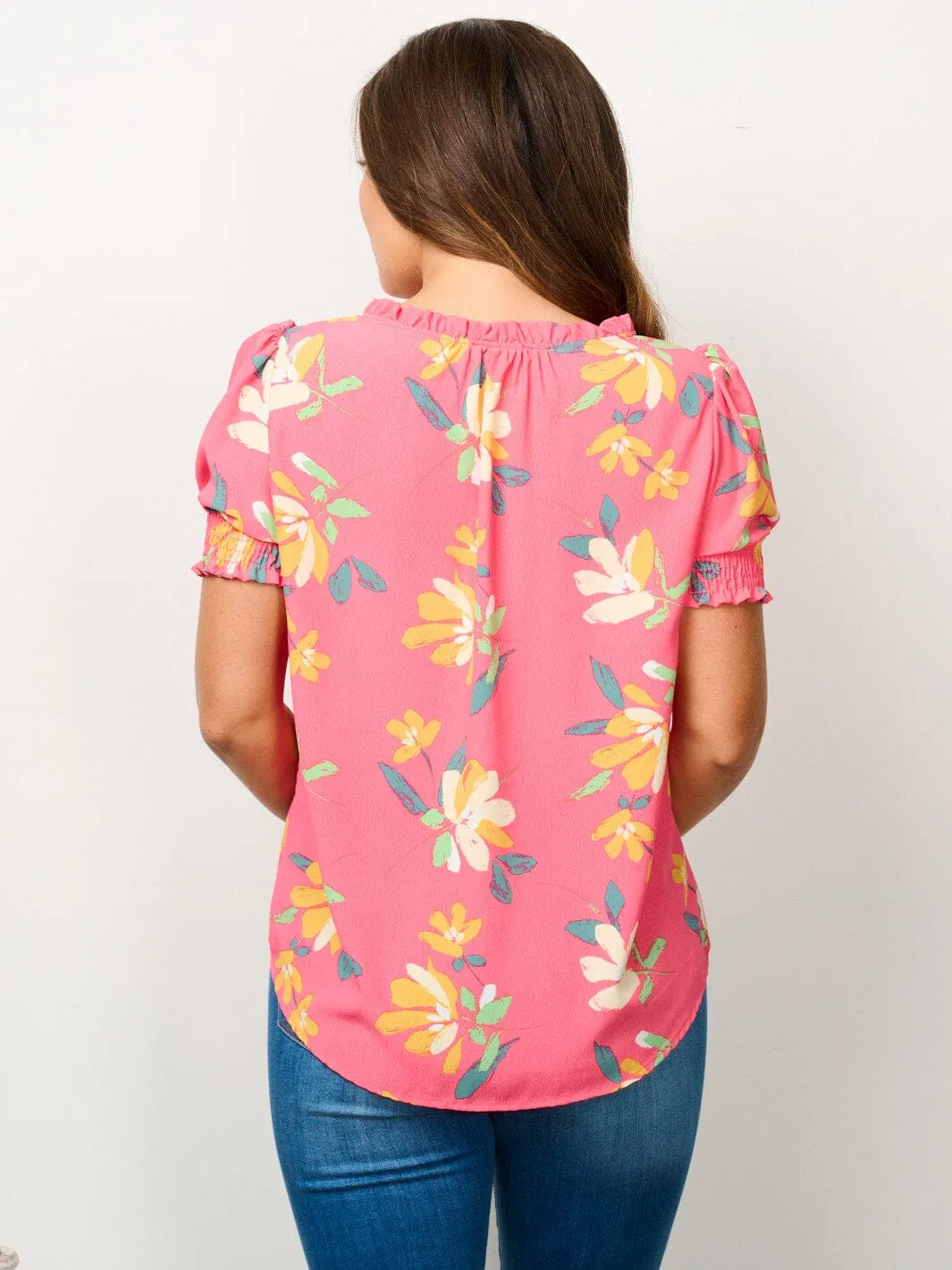 WOMEN'S SHORT PUFF SLEEVE V-NECK FLORAL BLOUSE TOP