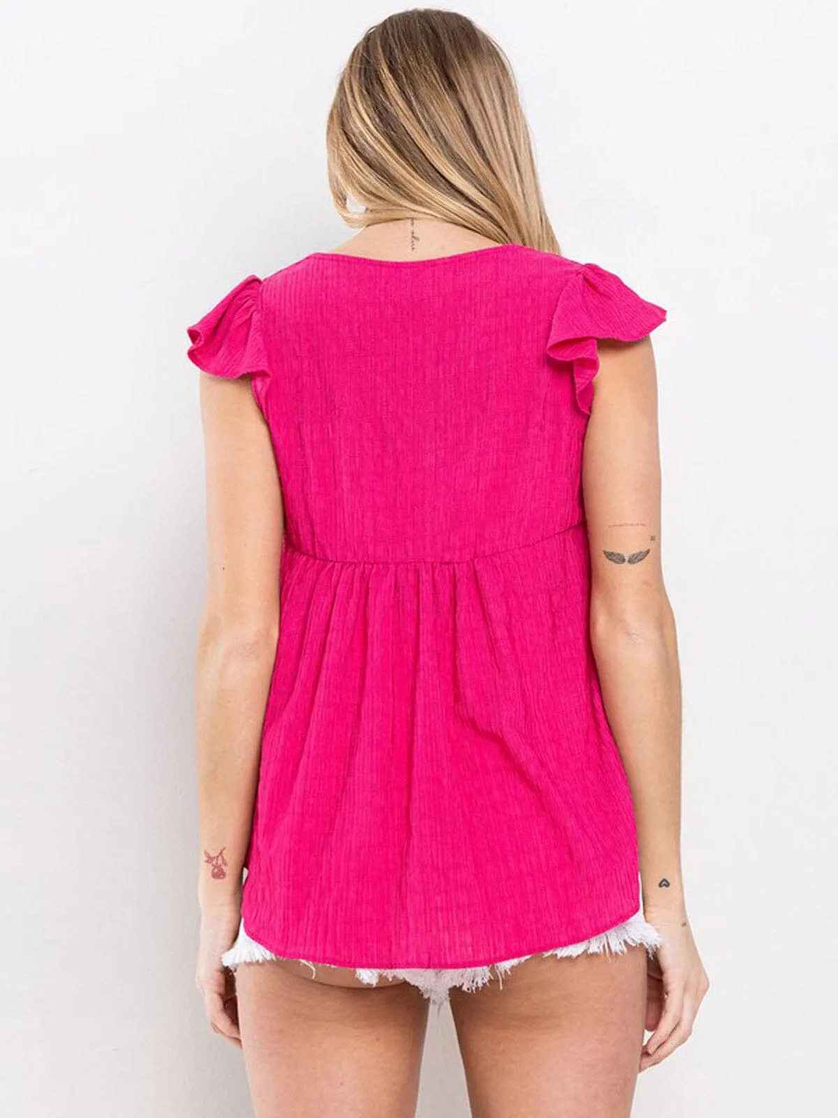 WOMEN'S SHORT RUFFLE SLEEVE V-NECK BLOUSE TOP