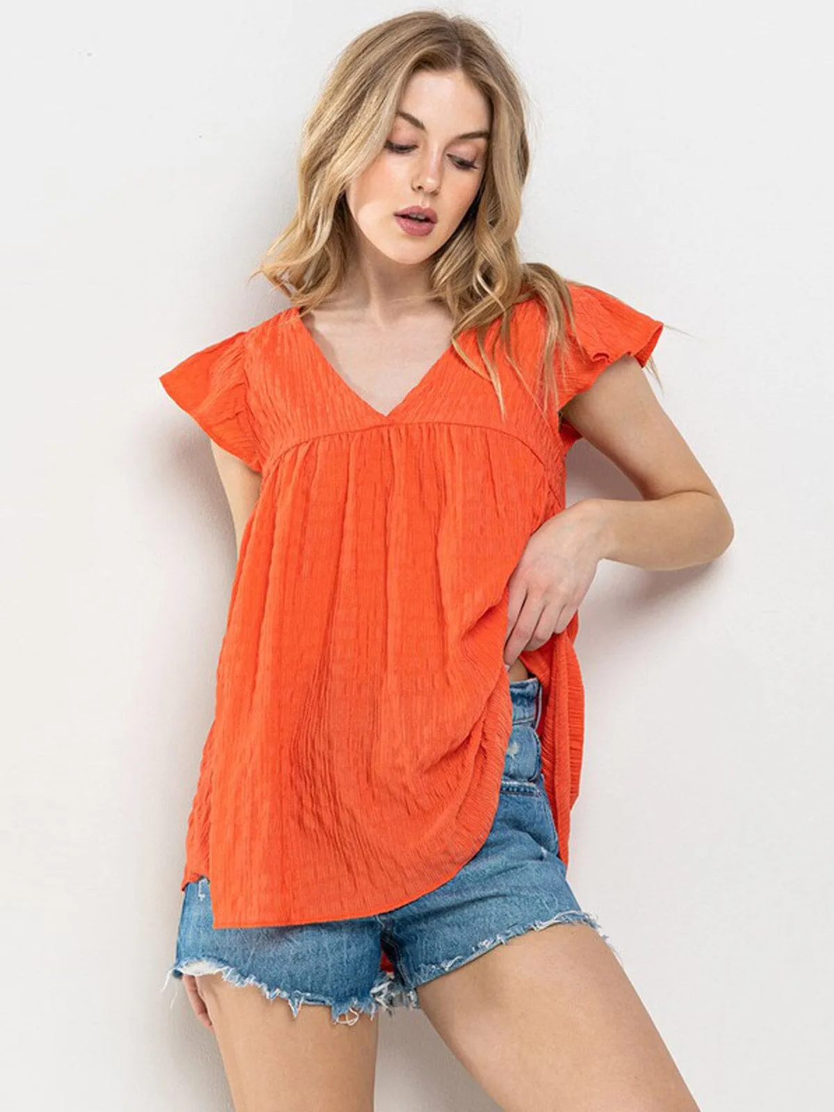 WOMEN'S SHORT RUFFLE SLEEVE V-NECK BLOUSE TOP