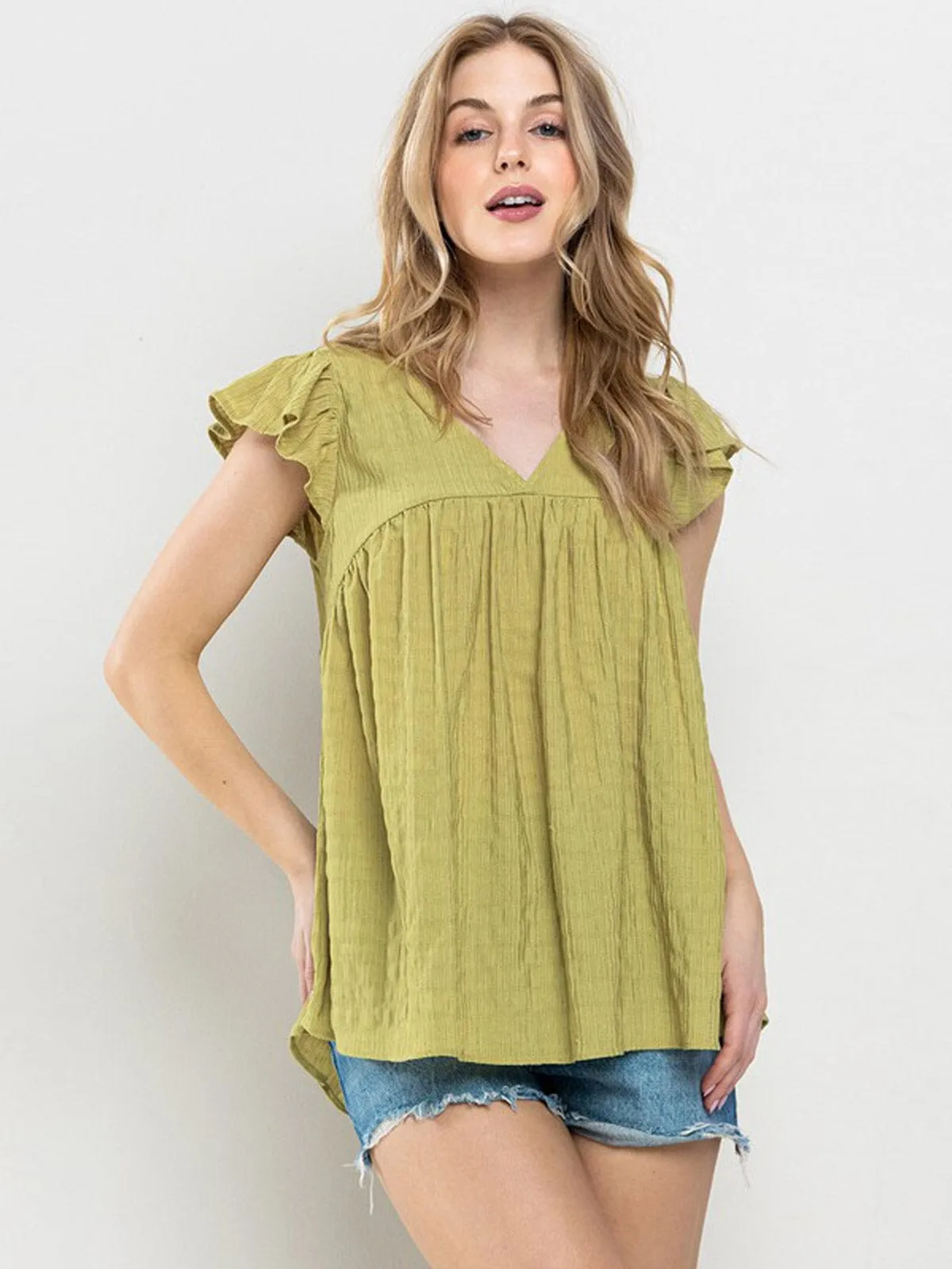WOMEN'S SHORT RUFFLE SLEEVE V-NECK BLOUSE TOP