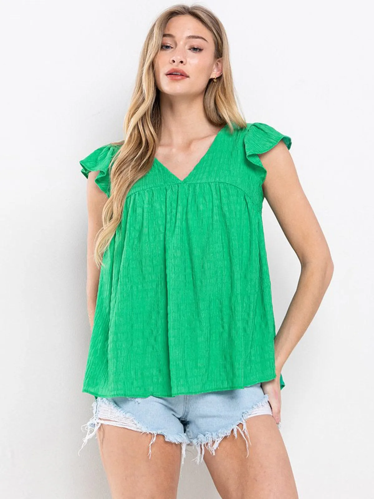 WOMEN'S SHORT RUFFLE SLEEVE V-NECK BLOUSE TOP
