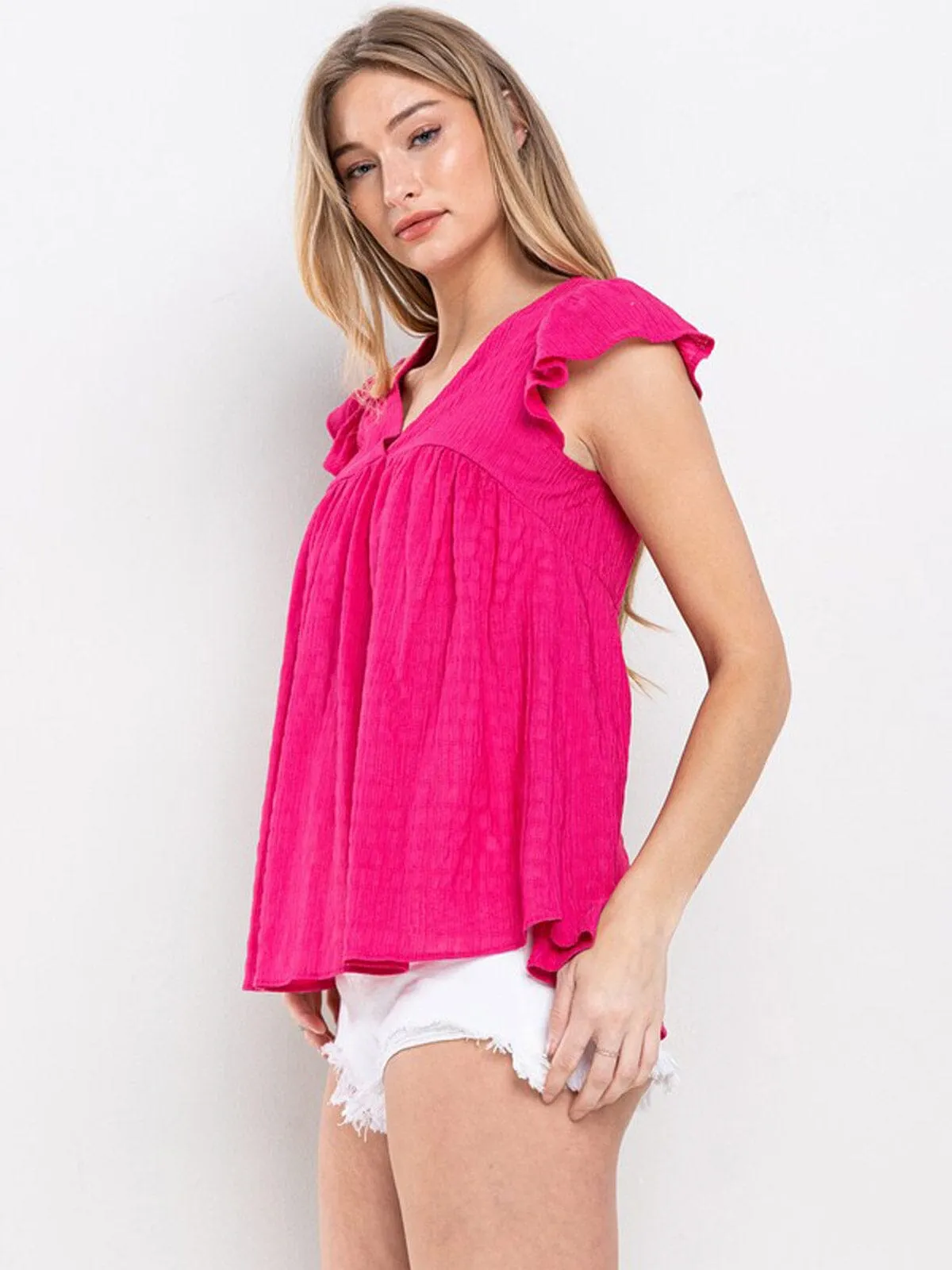 WOMEN'S SHORT RUFFLE SLEEVE V-NECK BLOUSE TOP