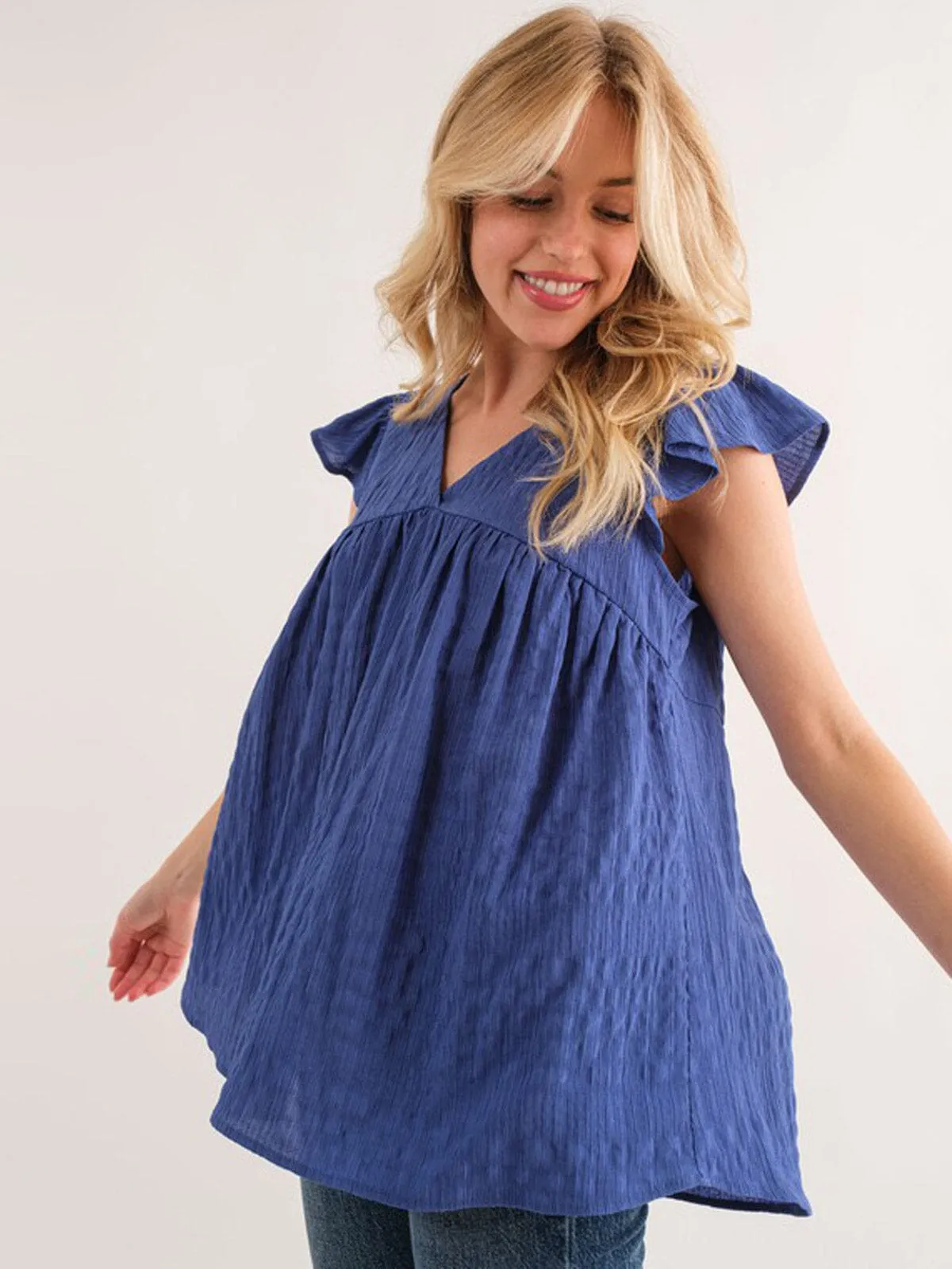WOMEN'S SHORT RUFFLE SLEEVE V-NECK BLOUSE TOP