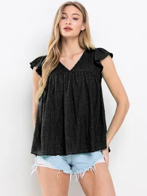 WOMEN'S SHORT RUFFLE SLEEVE V-NECK BLOUSE TOP