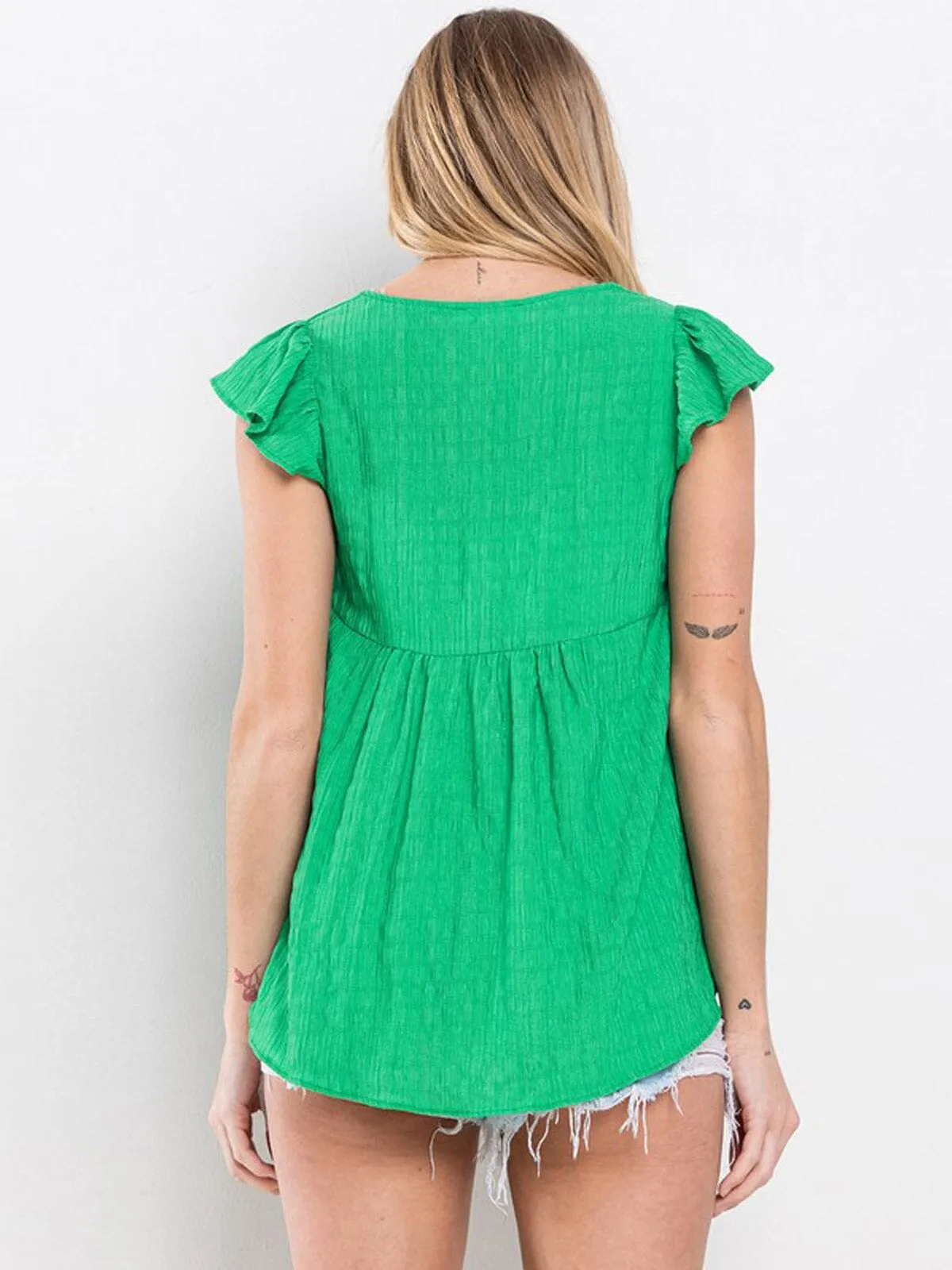 WOMEN'S SHORT RUFFLE SLEEVE V-NECK BLOUSE TOP