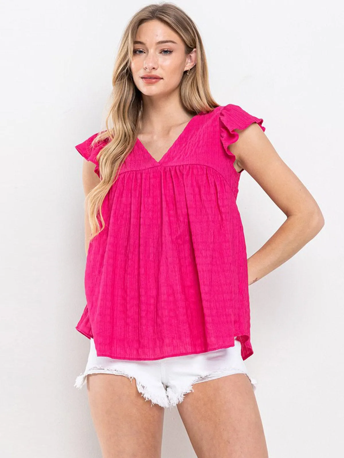 WOMEN'S SHORT RUFFLE SLEEVE V-NECK BLOUSE TOP