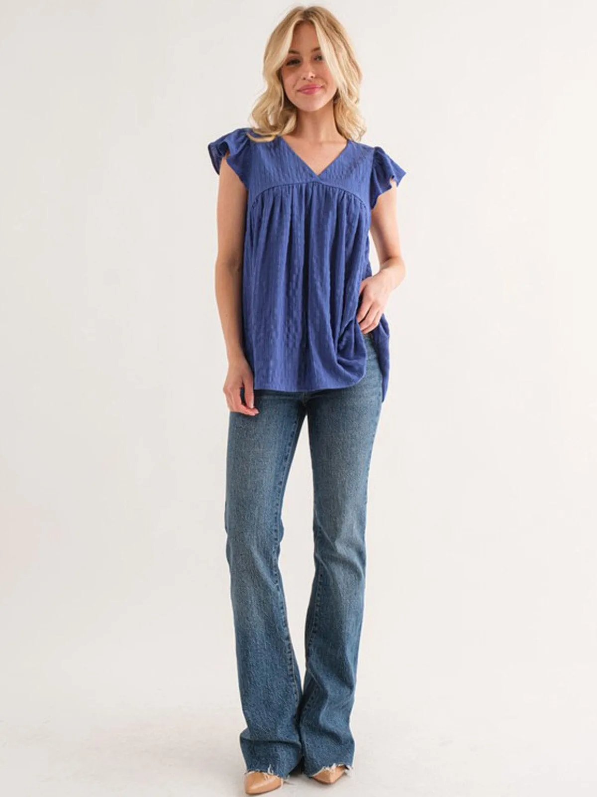 WOMEN'S SHORT RUFFLE SLEEVE V-NECK BLOUSE TOP