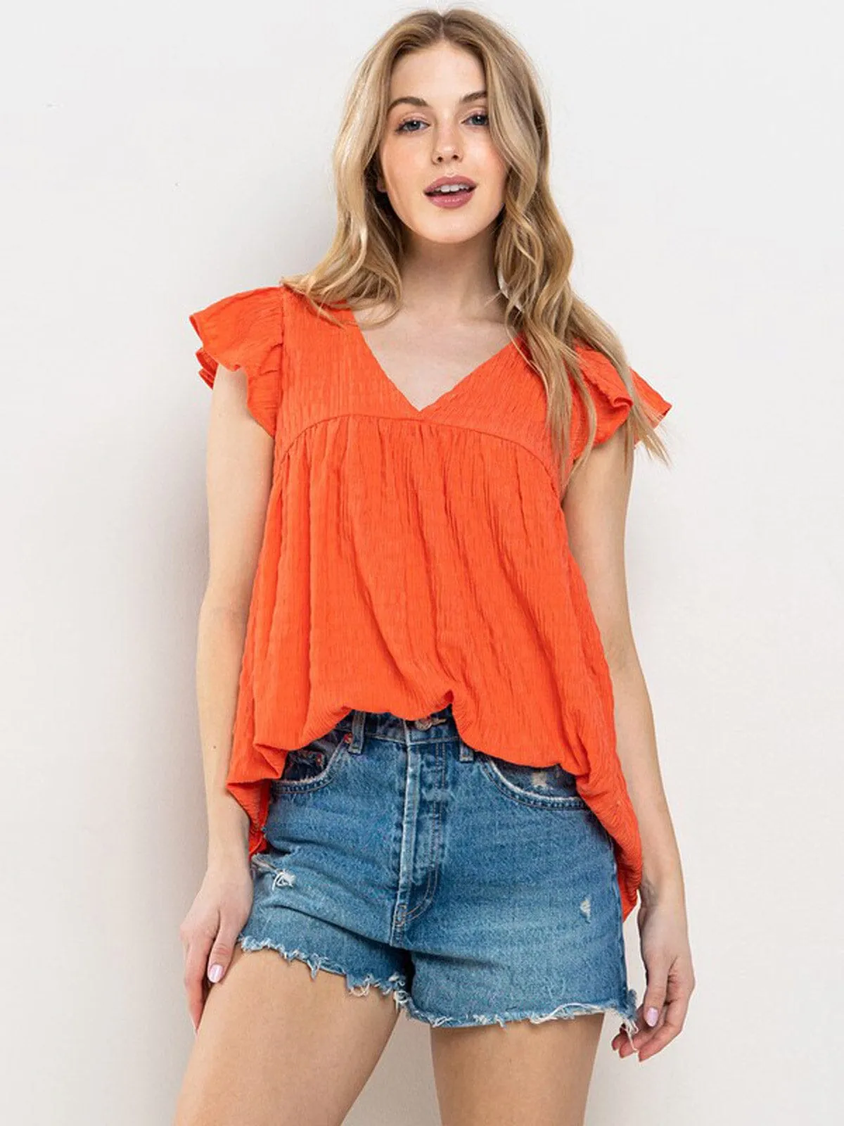 WOMEN'S SHORT RUFFLE SLEEVE V-NECK BLOUSE TOP
